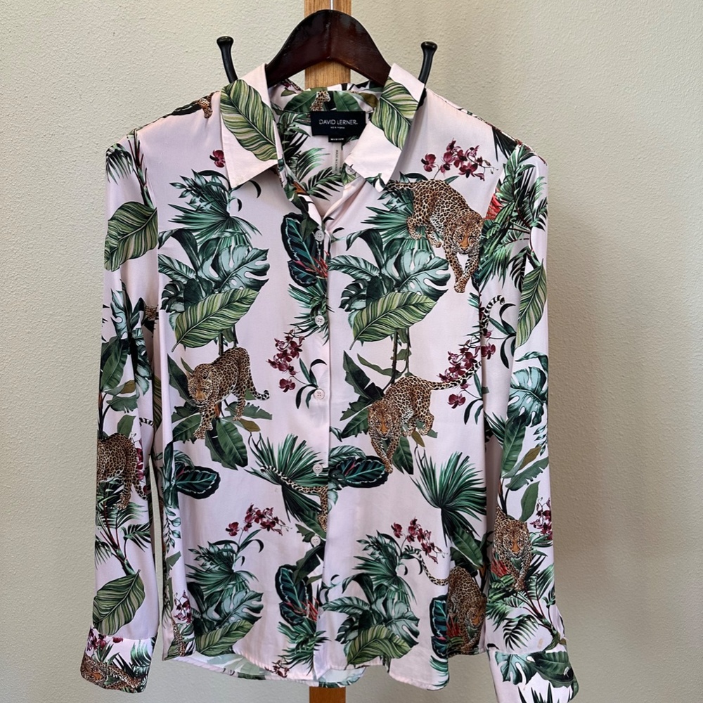 David Lerner jungle print, long sleeve blouse, size medium